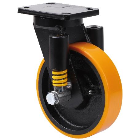 RUEDA GIRATORA PLACA 10HLSE150-HUB SUSPENSION HIERRO-POLIUR.NARANJA EJE BOLAS