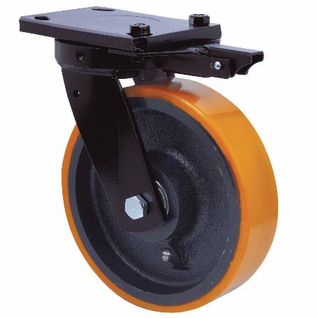 RUEDA GIRATORA PLACA MEC.DIR.10HLBMD300H-HUB HIERRO-POLIUR.NARANJA EJE BOLAS