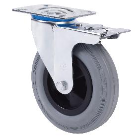 RUEDA GIRATORA PLACA FRENO 10ZVFD160-PSN POLIAMIX-GOMA GRIS EJE LISO