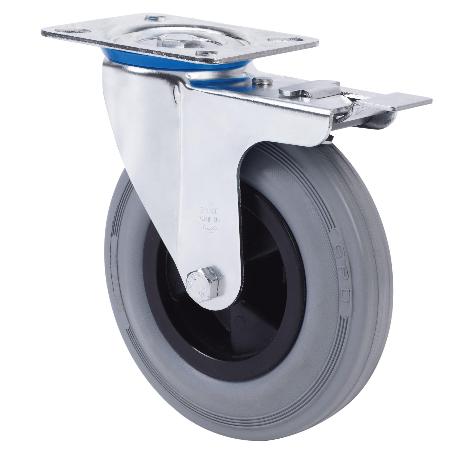 RUEDA GIRATORA PLACA FRENO 10ZVFD160-PSN POLIAMIX-GOMA GRIS EJE LISO