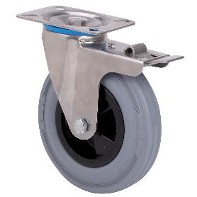 RUEDA GIRATORA PLACA FRENO INOX.10ZVIFD160-PSN POLIAMIX-GOMA GRIS EJE LISO