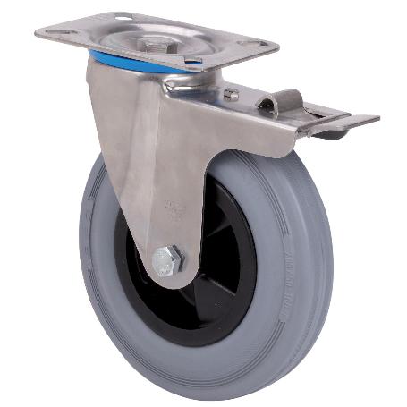 RUEDA GIRATORA PLACA FRENO INOX.10ZVIFD200-PSN POLIAMIX-GOMA GRIS EJE LISO