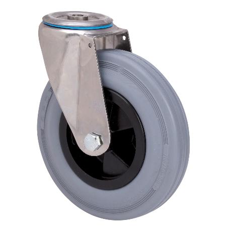 RUEDA GIRATORA AGUJERO M12 INOX.20ZVI160-PSN POLIAMIX-GOMA GRIS EJE LISO