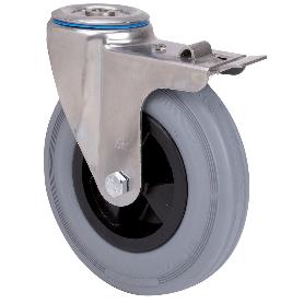 RUEDA GIRATORA AGUJERO M12 FRENO INOX.20ZVIFD160-PSN POLIAMIX-GOMA GRIS LISO