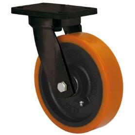 RUEDA GIRATORA PLACA (ANCHA) 10HLB250A-HUB HIERRO-POLIUR.NARANJA EJE BOLAS