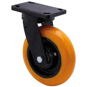 RUEDA GIRATORA PLACA 10HLB150-HUAB HIERRO-POLIUR.NARANJA EJE BOLAS BALONA