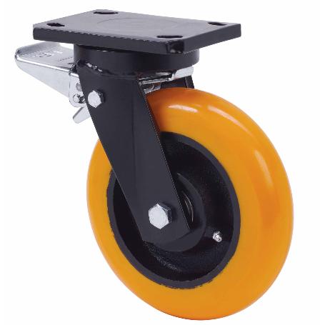 RUEDA GIRATORA PLACA FRENO 10HLBFD150-HUAB HIERRO-POLIUR.NARANJA BOLAS BALONA