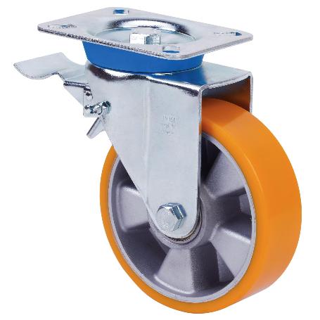 RUEDA GIRATORA PLACA FRENO 10TVFD160-AUB ALUMINIO-POLIUR.NARANJA EJE BOLAS