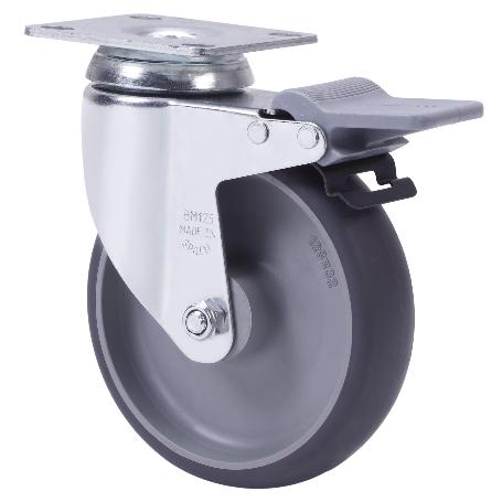 RUEDA GIRATORA PLACA FRENO 10BHAFD125-PGZN POLIAMIX-GOMA GRIS INYECT.EJE LISO