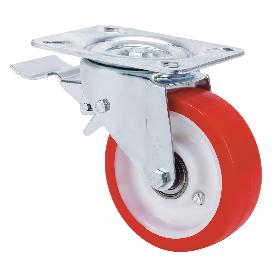 RUEDA GIRATORA PLACA FRENO 10TVCFD125-PO NYLON BLANCO-POLIUR.ROJO EJE LISO