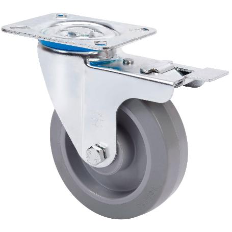 RUEDA GIRATORA PLACA FRENO 10ZVFD160-PGR GOMA ELASTICA GRIS EJE RODILLOS