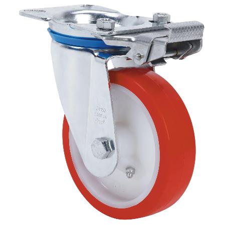 RUEDA GIRATORA PLACA MEC.DIR.10ZVMD200-PO NYLON BLANCO-POLIUR.ROJO EJE LISO