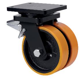 RUEDA GIRATORA PLACA FRENO 10HLGFD150-HUB HIERRO-POLIUR.NARANJA(DOBLE) BOLAS