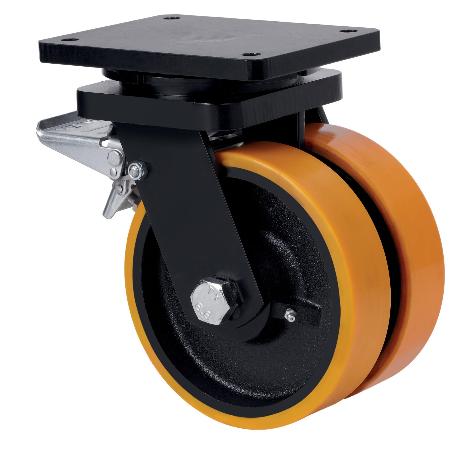 RUEDA GIRATORA PLACA FRENO 10HLGFD150-HUB HIERRO-POLIUR.NARANJA(DOBLE) BOLAS