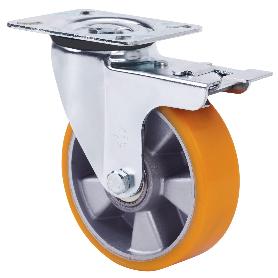 RUEDA GIRATORA PLACA FRENO 4MM 10ZVRFD160-AUB ALUMINIO-POLIUR.NARANJA BOLAS