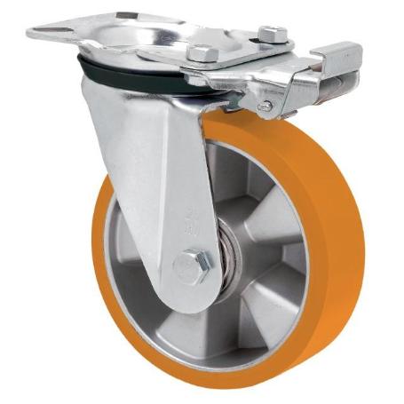 RUEDA GIRATORA PLACA MEC.DIR.4MM 10ZVRMD160-AUB ALUMINIO-POLIUR.NARANJA BOLAS