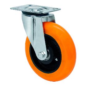 RUEDA GIRATORA PLACA 4MM 10ZVR150-HUAB HIERRO-POLIUR.NARANJA EJE BOLAS BALONA