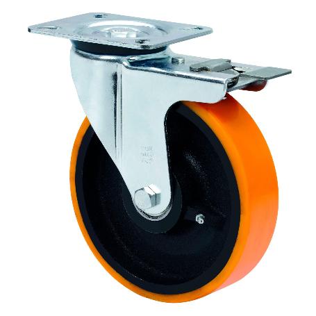 RUEDA GIRATORA PLACA FRENO 4MM 10ZVRFD150-HUB HIERRO-POLIUR.NARANJA EJE BOLAS