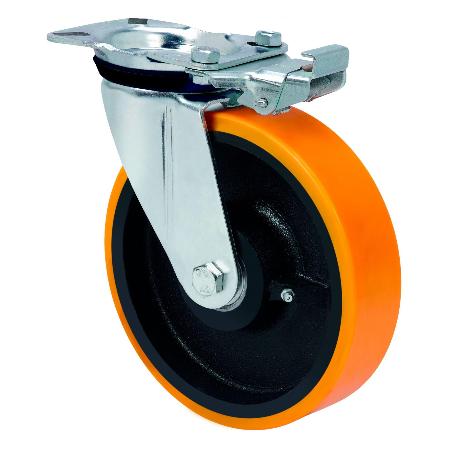 RUEDA GIRATORA PLACA MEC.DIR.4MM 10ZVRMD200-HUB HIERRO-POLIUR.NARANJA BOLAS