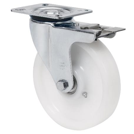 RUEDA GIRATORA PLACA FRENO 4MM 10ZVRFD150-FTB NYLON BLANCO EXTRAFUERTE BOLAS