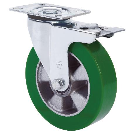 RUEDA GIRATORA PLACA FRENO 4MM 10ZVRFD160-AUGB ALUMINIO-POLIUR.VERDE BOLAS