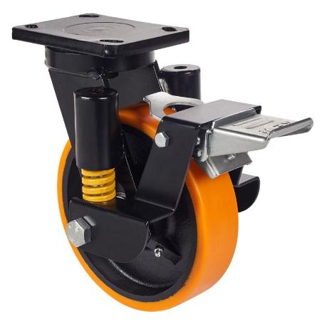 RUEDA GIRATORA PLACA FR.10HLSEFN250-HUB SUSPENSION HIERRO-POLIUR.NARANJ.BOLAS