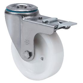 RUEDA GIRATORA AGUJERO M12 FRENO INOX.20ZVLIFD80-FT NYLON BLANCO EXTRAF.LISO