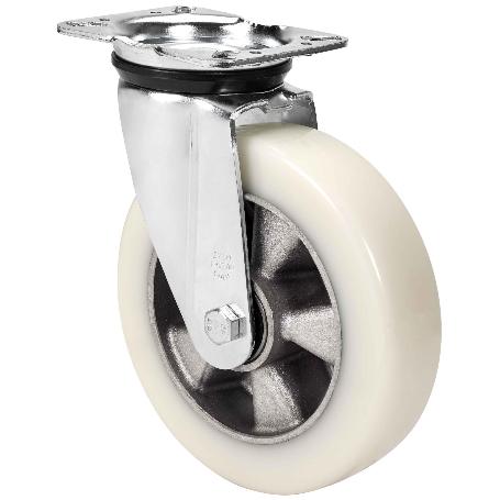 Rueda giratora placa 4mm 10zvr200-ausb alum.-poliur.blanco"veloc"eje bolas