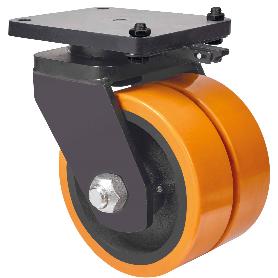 RUEDA GIRATORA PLACA MEC.DIR.10HLRMD300-HUB HIERRO-POLIUR.NARANJA(DOBLE)BOLAS