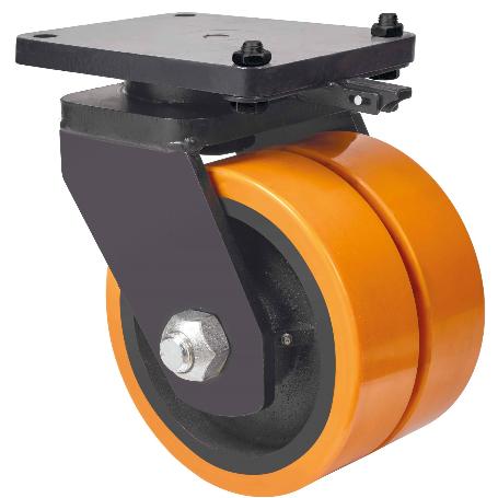 RUEDA GIRATORA PLACA MEC.DIR.10HLRMD300-HUB HIERRO-POLIUR.NARANJA(DOBLE)BOLAS