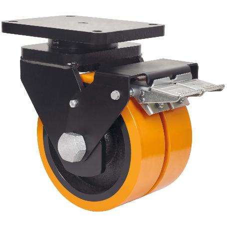 RUEDA GIRATORA PLACA FRENO 10HLRFN250-HUB HIERRO-POLIUR.NARANJA(DOBLE)BOLAS