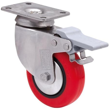 RUEDA GIRATORA PLACA FRENO INOX.10BHIFD60CP-PPIA POLIAMIX-POLIUR.ROJO LISO