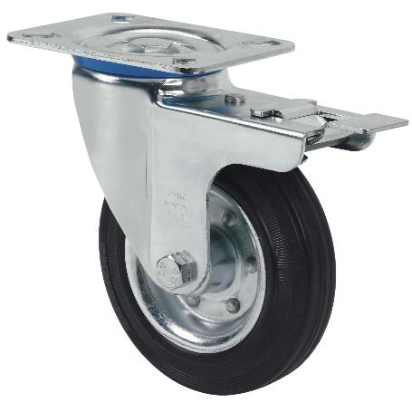 RUEDA GIRATORA PLACA FRENO 10ZVFD250-BSR METALICO-GOMA NEGRA EJE RODILLOS