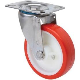 RUEDA GIRATORA PLACA INOX.10ZVLI80-PO NYLON BLANCO-POLIUR.ROJO EJE LISO