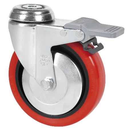 RUEDA GIRATORA AGUJERO M12 FRENO 20BHAFD125CP-PPIA POLIAMIX-POLIUR.ROJO LISO