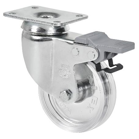 RUEDA GIRATORA PLACA FRENO 10BHFD60-BPC POLICARBONATO TRANSP. EJE LISO