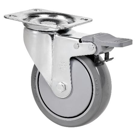 RUEDA GIRATORA PLACA FRENO 10ZVLFD125CP-PGAISB GOMA GRIS EJE BOLAS