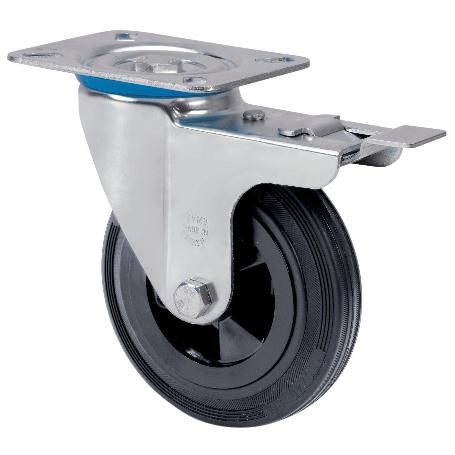 RUEDA GIRATORA PLACA FRENO 10ZVLFD125-PSN POLIAMIX-GOMA NEGRA EJE LISO