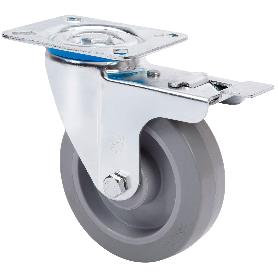 RUEDA GIRATORA PLACA FRENO 10ZVLFD125-PGR GOMA ELASTICA GRIS EJE RODILLOS