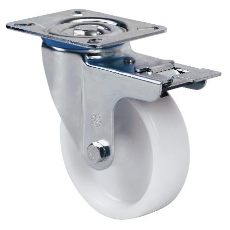 RUEDA GIRATORA PLACA FRENO 10ZVLFD125-UTR POLIAMIX BLANCO EJE RODILLOS