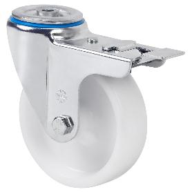 RUEDA GIRATORA AGUJERO M12 FRENO 20ZVLFD125-UTR POLIAMIX BLANCO EJE RODILLOS