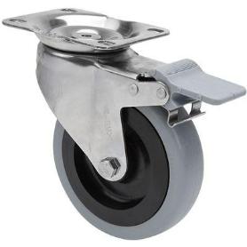 RUEDA GIRATORA PLACA FRENO INOX.10ZVLIFD125-PGAN POLIAMIX-GOMA GRIS EJE LISO