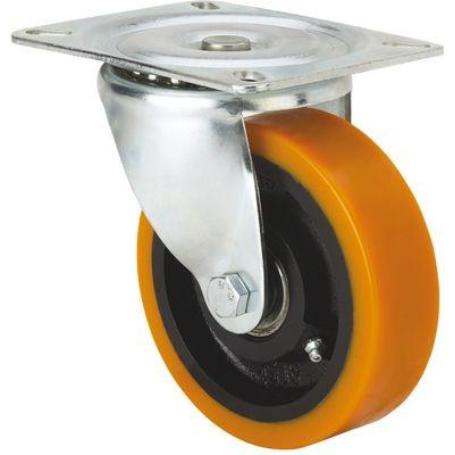 RUEDA GIRATORA PLACA 10-61-100-HUB HIERRO- POLIUR.NARANJA EJE BOLAS