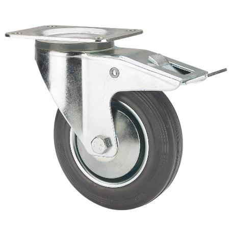 RUEDA GIRATORA PLACA FRENO 120-125-3 CP METALICO-GOMA NEGRA EJE RODILLOS