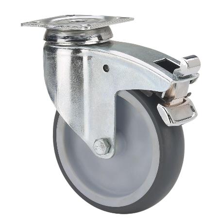 RUEDA GIRATORA PLACA FRENO 301-125-3 POLIAMIX-GOMA GRIS EJE LISO