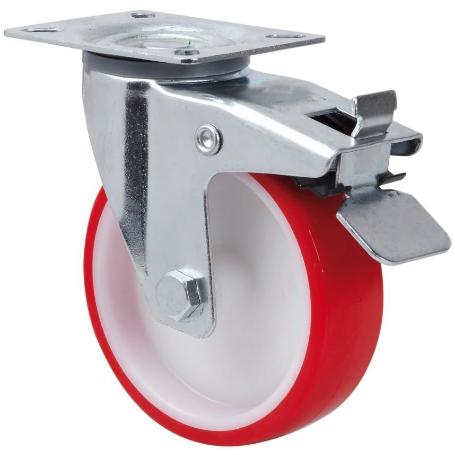 RUEDA GIRATORA PLACA FRENO 140.1-080-3 NYLON BLANCO-POLIUR.ROJO EJE LISO