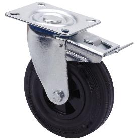 RUEDA GIRATORA PLACA FRENO 123.1-125-3 POLIAMIX-GOMA NEGRA EJE LISO