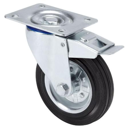 RUEDA GIRATORA PLACA FRENO 125-080-3 METALICO-GOMA NEGRA EJE RODILLOS