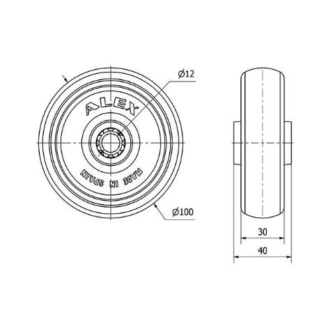 RUEDA PGZR100-12-40 NUCLEO POLIAMIX Y BANDA GOMA GRIS INYECT.RODILL.