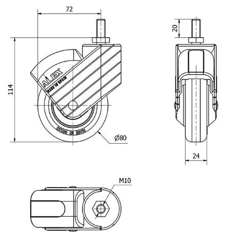 RUEDA GIRATORA ESPIGA ROSC.M10X20 AZUL 50HP80CP-PGI POLIAMIX-GOMA NEGRA LISO